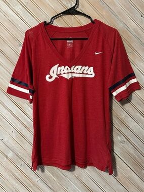 Nike Red Cleveland Indians Retro Logo V-Neck Tee Black & White Stripes